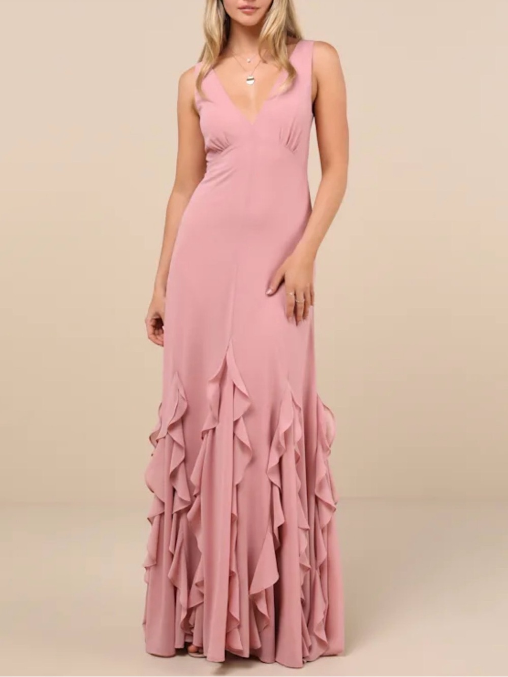 NWT Lulus Women’s Alorna Rose Pink Sleeveless Ruffled V-neck Maxi Dress Size L